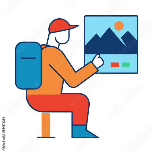 Hiker reviewing photos on a screen after outdoor adventure, flat style