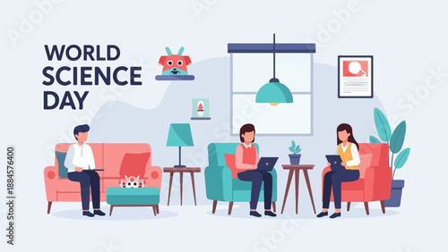 People interacting with technology in a cozy living room setting for World Science Day