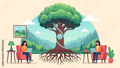 Two women working on laptops near a large tree and scenic landscape