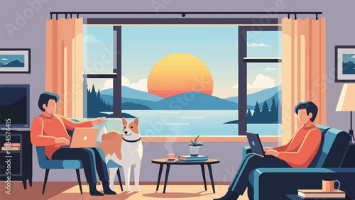 Two people working on laptops with a dog and scenic sunset view through window