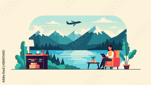 Woman on armchair with laptop, by a lake, mountains, airplane flying