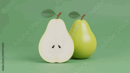 Two green pears, one halved, on a muted green background