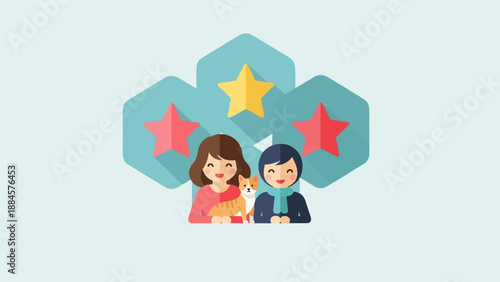 Two smiling people and a cat are surrounded by three stars on hexagonal backgrounds