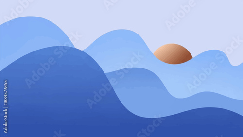 Smooth, flowing blue waves crest and dip under a pale sky with a small, copper sun