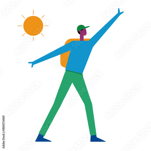 Flat style hiker stretching arms in morning sun, outdoor fitness and wellness concept