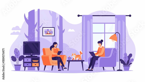Two people relax indoors on couches, reading tablets with a cat nearby