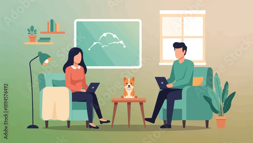 Two people and a dog working on laptops in a cozy living room