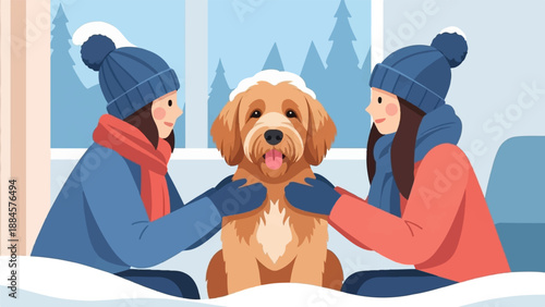 Two people embrace a fluffy dog in a wintery scene with snow