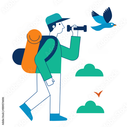 Hiker watching birds with binoculars, flat style nature observation illustration