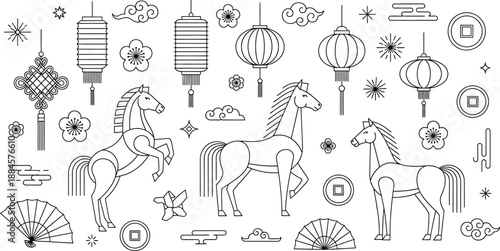 This image features a collection of whimsical horse illustrations accompanied by various decorative ornaments. The horses are depicted in different poses and styles, surrounded by elements such as lan