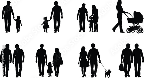 Family walking silhouettes set illustration, parents children daily life activities collection, black white vector figures, lifestyle relationship concept