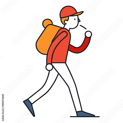 Joyful hiker whistling during a walk in nature, flat illustration
