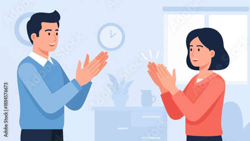 Two smiling people enthusiastically applauding in a room setting