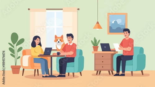 People and dog working on laptops in a cozy room with plants