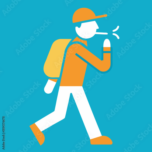 Happy hiker whistling while walking, flat graphic illustration