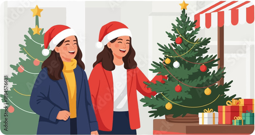 Two women in Santa hats admire decorated Christmas trees and gifts