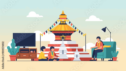 People gather in a stylized interior near a temple with prayer flags