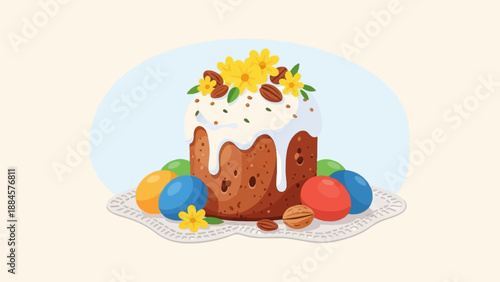 Traditional sweet bread adorned with icing, nuts, flowers, and colorful eggs