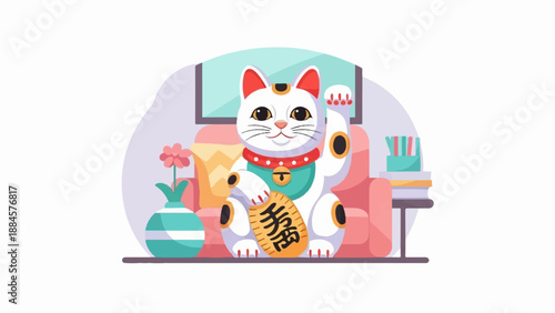 White cat with lucky coin and flower vase, sitting on a couch