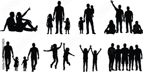 family, silhouettes, parents, children, father, mother, kids, people, togetherness, love, parenting, childhood, bonding, walking, standing, group, black, vector, illustration, collection