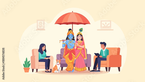 Spiritual figures under an umbrella with people and dog in a room