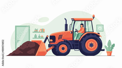 Person operating a front-loader tractor to move a pile of dark soil