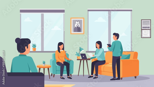 People interacting in a modern, bright living room setting