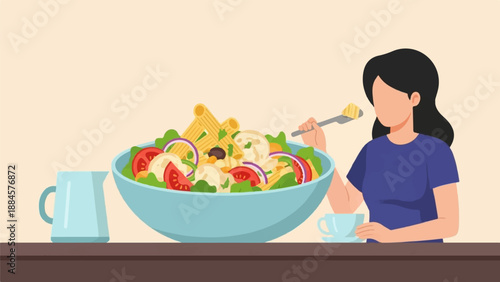 Person eating a large pasta salad with a pitcher and cup nearby