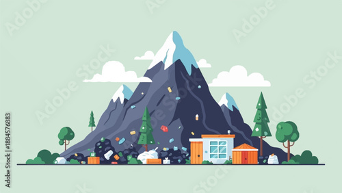 Polluted mountain with snow peaks, trees, clouds, and small buildings