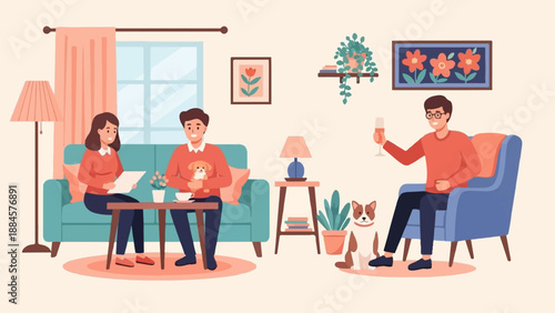 People relaxing at home with their dogs and drinks