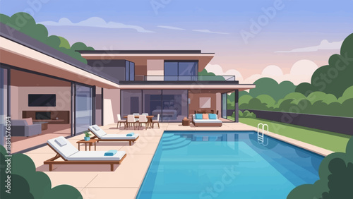 Modern luxury villa with a swimming pool and outdoor seating area