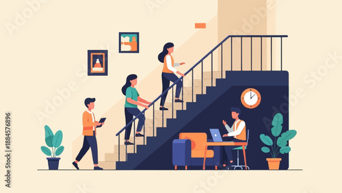 People working and climbing stairs in a modern office or home