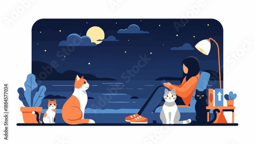Person with cats by water under moonlit night sky