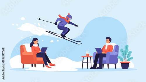 Two people relax indoors with laptops while a skier soars outdoors