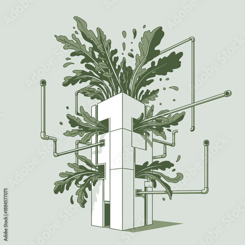 Organic Vector Art of Arugula and Mustard Greens Bursting Out of White Tower