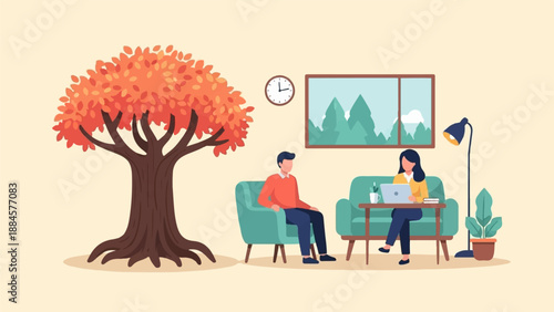 Two people relax inside, with a large autumn tree outside the window