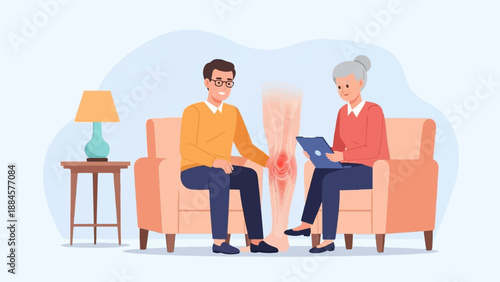 Two people in a living room discussing a knee injury