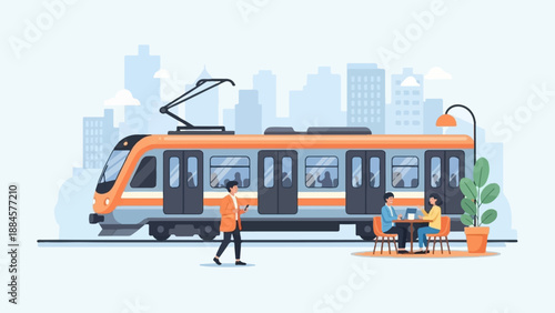 Urban scene with an electric train and people at a cafe
