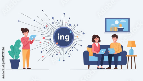 People using technology and interacting with abstract data visualization