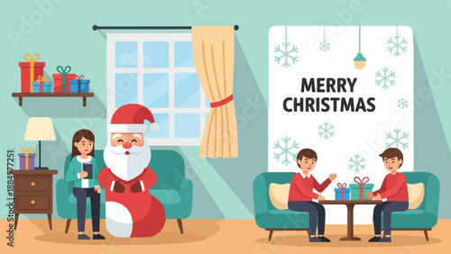 People celebrating Christmas with gifts, Santa Claus, and festive decorations