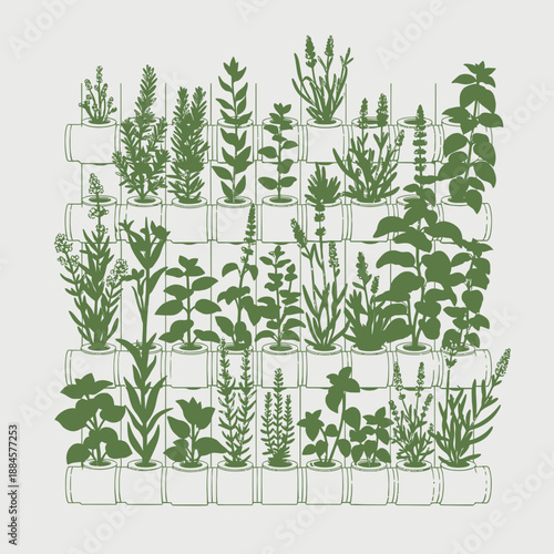 Vector Design of Vertical PVC System Acting as Privacy Screen with Tall Herbs