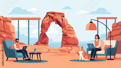 People working remotely with pets in a desert landscape with rock formations