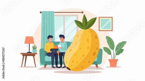 Two people on couch with laptop and phone next to a giant pineapple