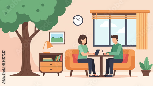 Two people work on laptops at a table with a tree and window in the background