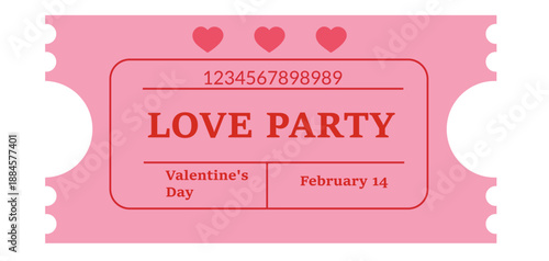 A vector Valentine's Day party coupon featuring soft tones and minimalist linear heart icons.