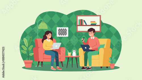 Two people relaxing in comfortable chairs, working on laptops, with a cat nearby