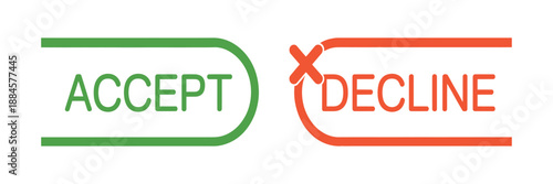 Accept and decline buttons. green accept button and red decline button with cross symbol on transparent background