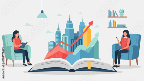 Two women in armchairs observe a financial growth chart emerging from a book