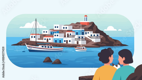 Two people observe a picturesque coastal village with boats at sea