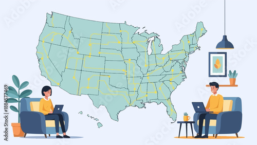 Two people working on laptops at home with a map of the US connected
